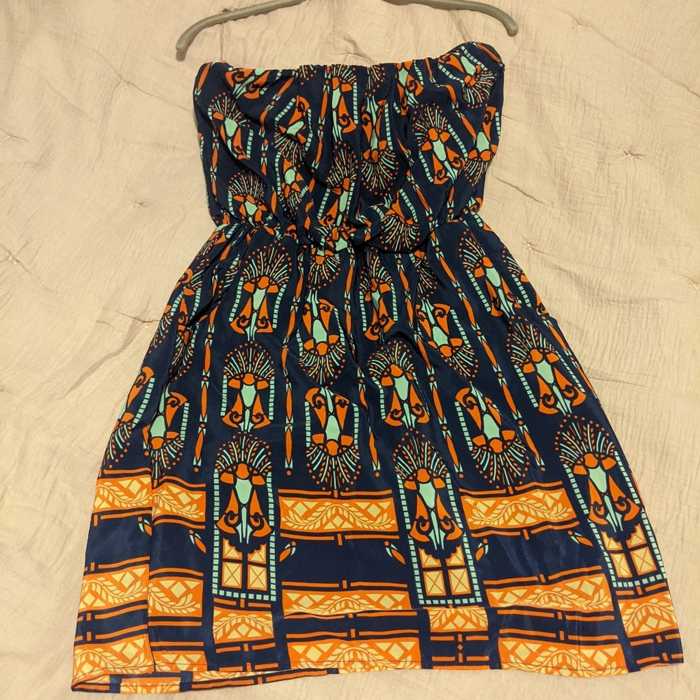 Strapless Navy Blue Dress w/ Orange & Teal Accents